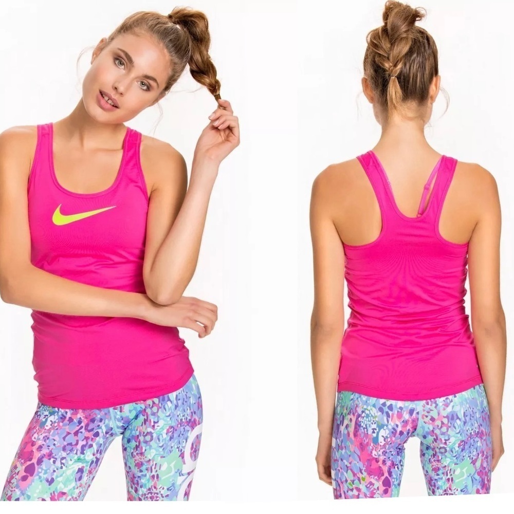 Nike pro hot pink yellow swoosh logo Racerback tank top Sz M